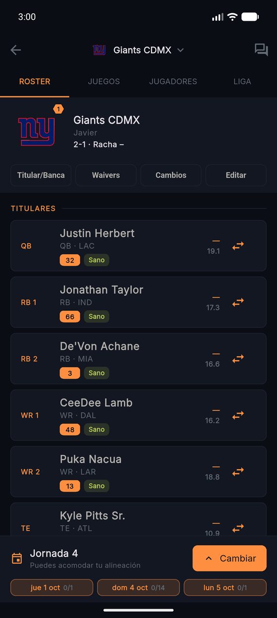 La alineación de un equipo en GoPicks, con los puntos de cada jugador