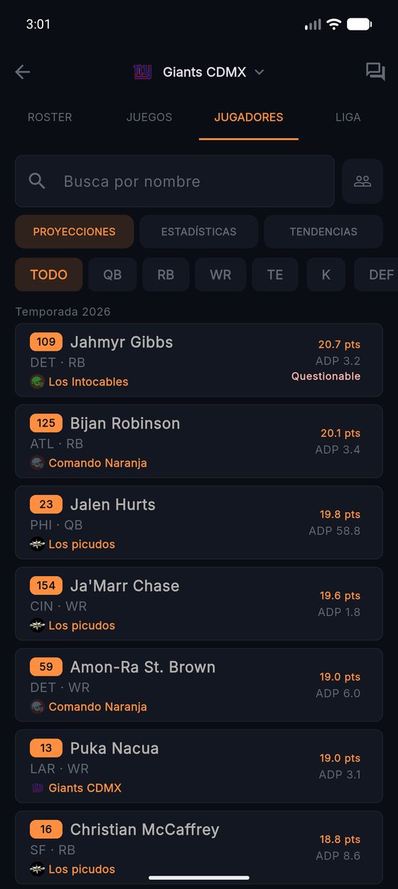 La lista de jugadores de GoPicks con estadísticas y ranking